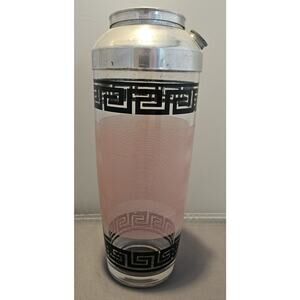 Vintage/MCM Greek Key Pink Striped Black Bar/Cocktail Shaker 9-1/4 " Tall